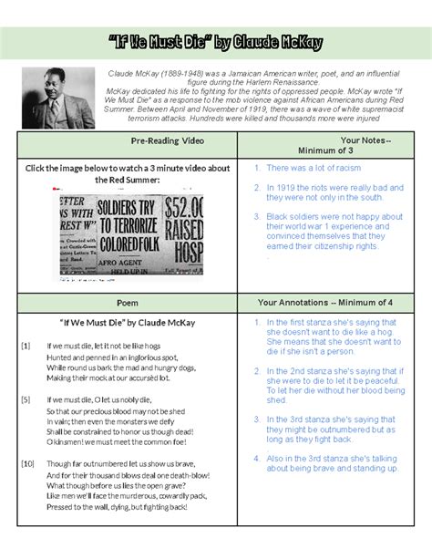 “If We Must Die” by Claude Mc Kay - “If We Must Die” by Claude McKay Claude McKay (1889-1948 ...
