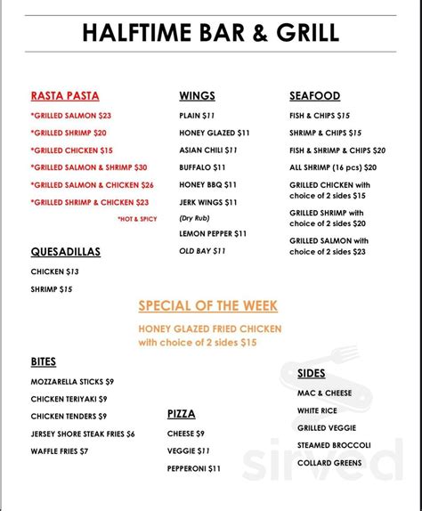 Halftime Bar & Grill menu in Jersey City, New Jersey, USA