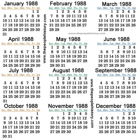 1988 Calendar with holidays - free printable calendar