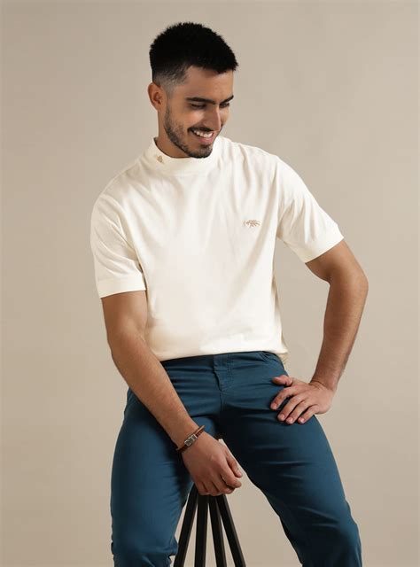 Buy Alp White Mock Neck | Casual Offwhite Solid Polos & Tees for Men ...