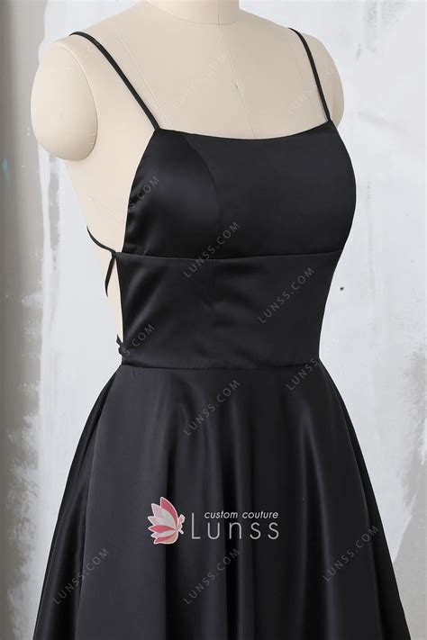Spaghetti Straps Low Back Black Thick Satin Prom Dress - Lunss