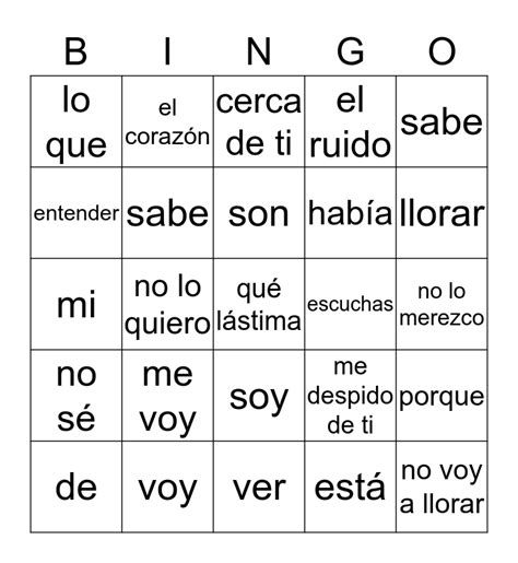 Me voy por Julieta Venegas lado 1 Bingo Card