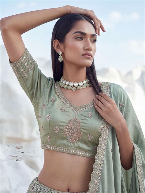 Pista Pure Soft Silk Heavy Sequins Embellishment Work Bridal Lehenga C ...
