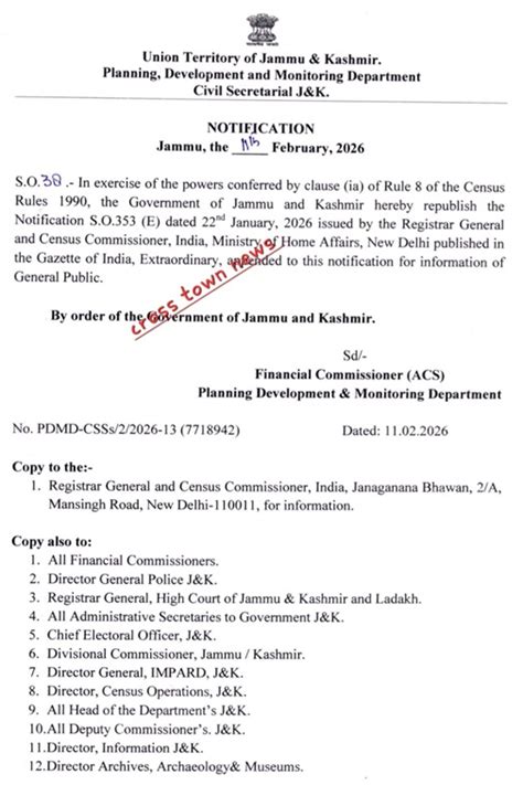 J&K Govt republishes Census Notification of MHA dtd 22nd Jan 2026
