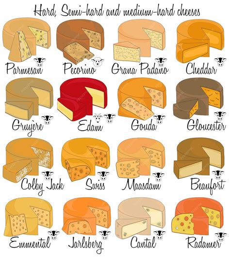 Твердые полутвердые и полутвердые сыры Нарисованные вручную сорта сыра ...