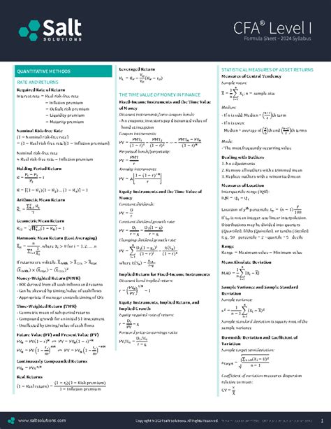 CFA Level I 2024 Formula Sheet: Key Concepts & Calculations - Studocu
