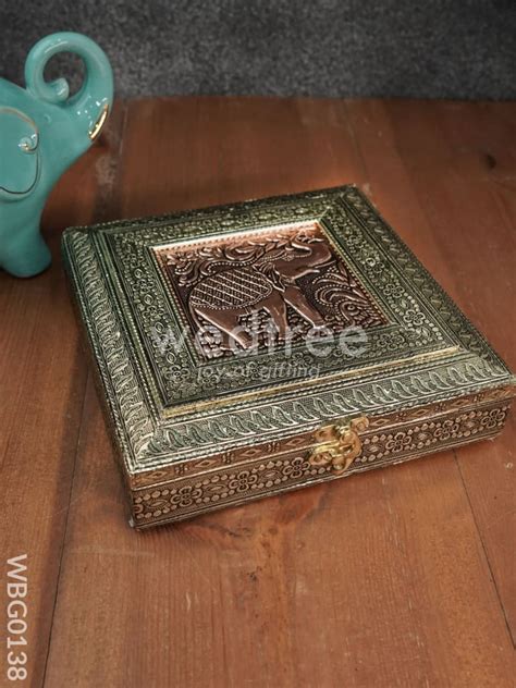 Oxidized Golden and Red Embossed Dry Fruit Box with Elephant and Flora ...