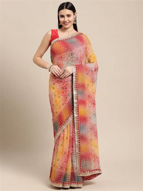 Poly Georgette Bandhani Saree With Sequence Work Border