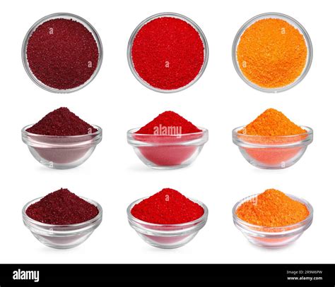 Collage of different powdered food coloring in bowls isolated on white ...