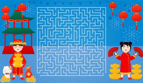 Lunar New year puzzle game with labyrinth, find right way to girl with ...