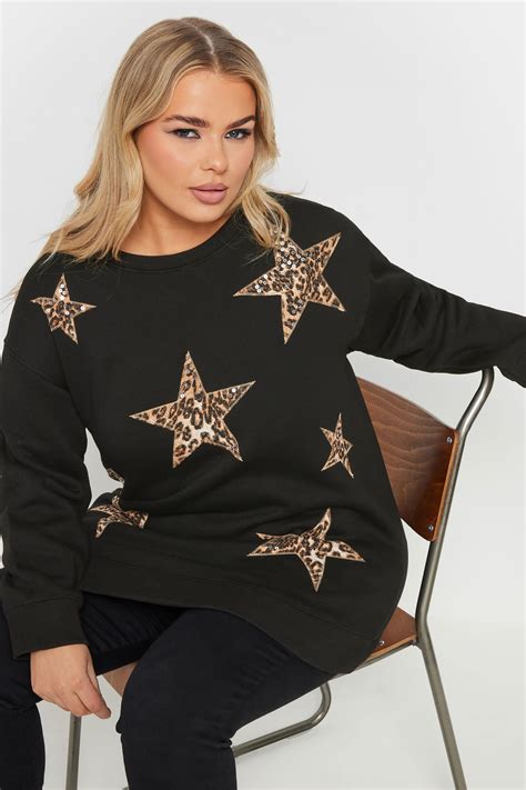 YOURS Plus Size Black Sequin Leopard Star Print Sweatshirt | Yours Clothing