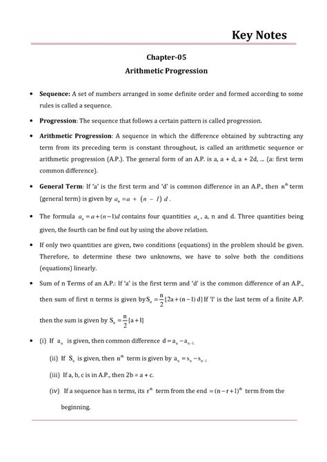 Arithmetic Progression - Key Notes Chapter- Arithmetic Progression ...
