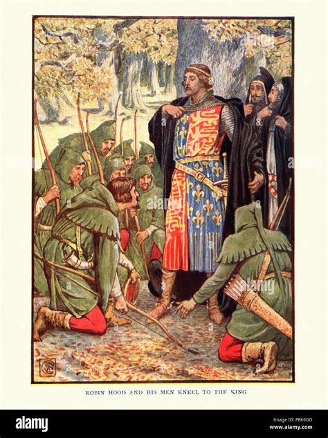 Illustration from the story of Robin Hood. Robin Hood and his men kneel ...