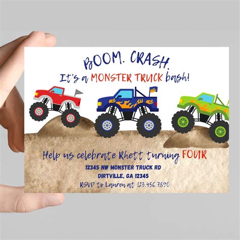 Monster truck theme birthday invitation boom crash it s a monster truck ...