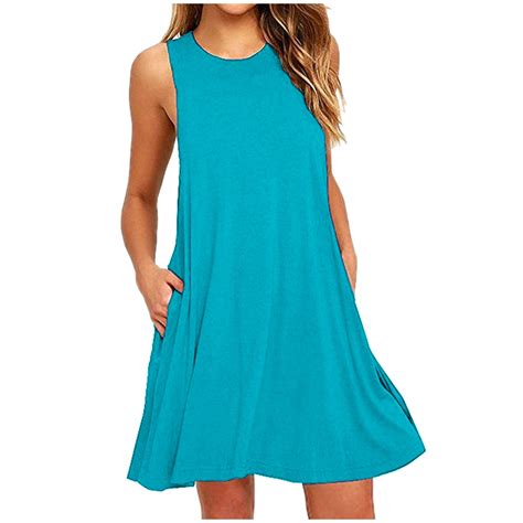 OKBOP Women's Summer Sundress, Blue Sleeveless Crew Neck, Above Knee ...