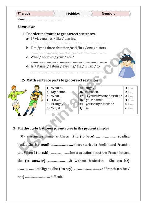 Hobbies Worksheet 的图像结果