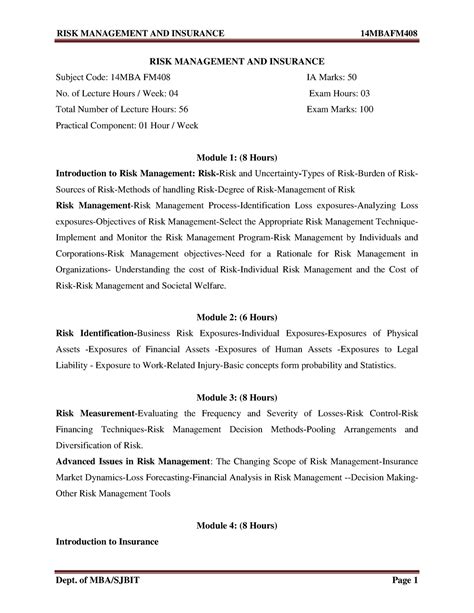 Insurance and risk - RISK MANAGEMENT AND INSURANCE Subject Code: 14MBA ...