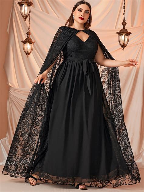 Plus Lace Cape Coat & Belted Maxi Dress | Cape wedding dress, Plus size gowns, Black wedding dresses