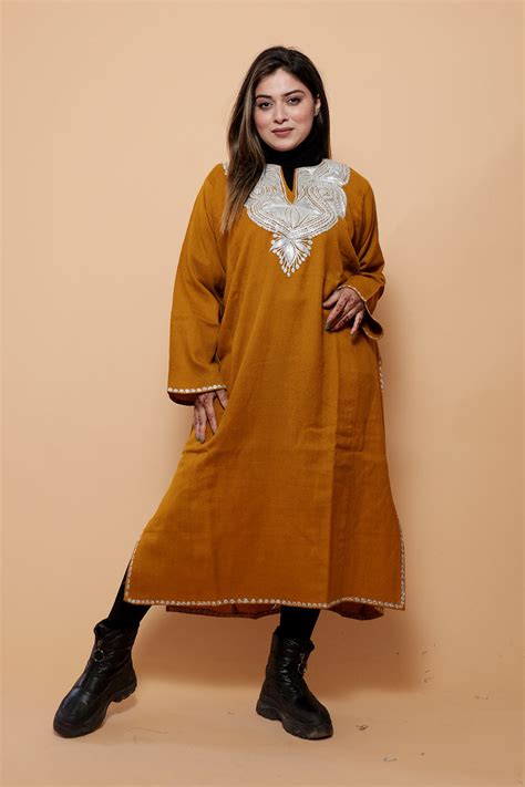 Rust color kashmiri work embroidered phiran enriched with zari