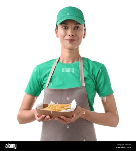 Fast-food worker holding paper container with fries on white background Stock Photo - Alamy