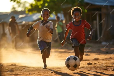 Happy african kids playing with ball Childrens football game Outdoor ...
