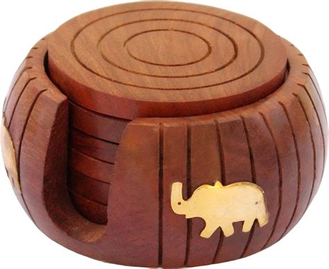 Craftland Wooden Round Carved Coaster Set for Kitchen/Dining Table,Set ...