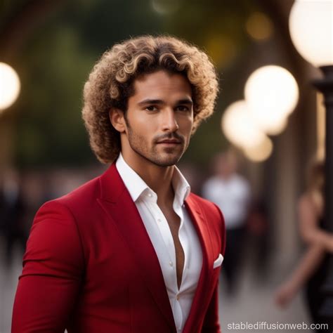 Elegant Man in Red Suit with Blonde Curly Hair | Stable Diffusion Online
