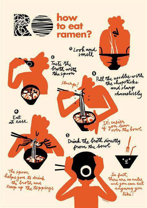 How to eat ramen, a step by step illustrated guide by Nicolau | Graphic design infographic ...
