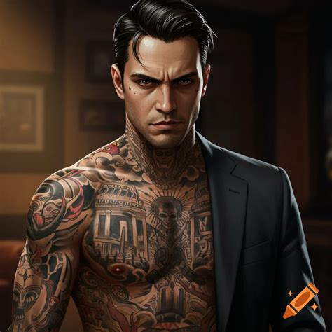 Mafia man with side part hairstyle, golden brown eyes, full body tattoo ...