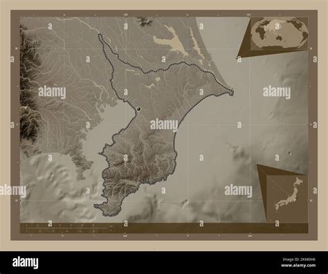 Chiba, prefecture of Japan. Elevation map colored in sepia tones with lakes and rivers. Corner ...