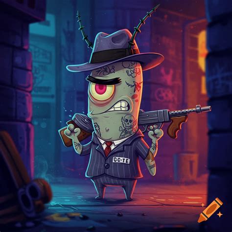 Plankton from Spongebob Squarepants depicted as a gangster in a suit ...