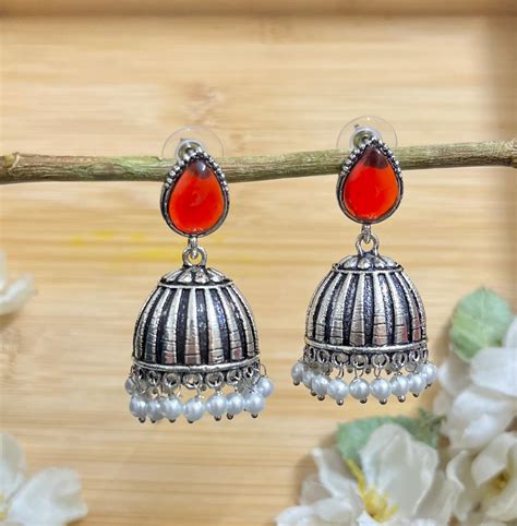 Raas Silver Jhumka - Red – SubhagAlankar