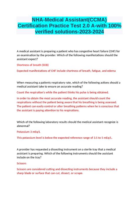 NHA-Medical Assistant(CCMA) Certification Practice Test 2.0 A-with 100% ...