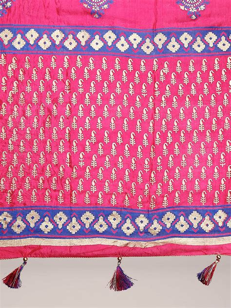 Pink & Blue Silk Printed Dupatta . Dupatta Bazaar