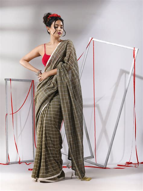Ecru Cotton Saree With Check Designs – Charukriti