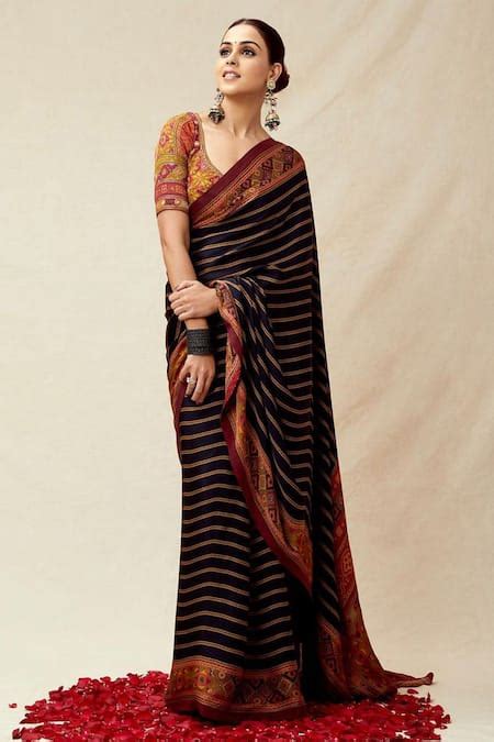 Buy Black Silk, Satin Lining Viscose Leaf Neck Striped Saree With ...