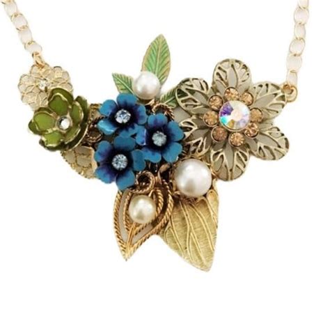 Blue Floral Statement Necklace. Flowers, Pearls and Rhinestones. Fun ...