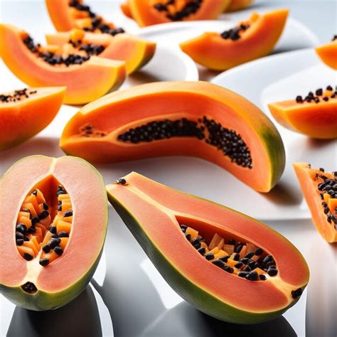 Delicious papaya fruits cut into small cubes on a glass plate isolated ...