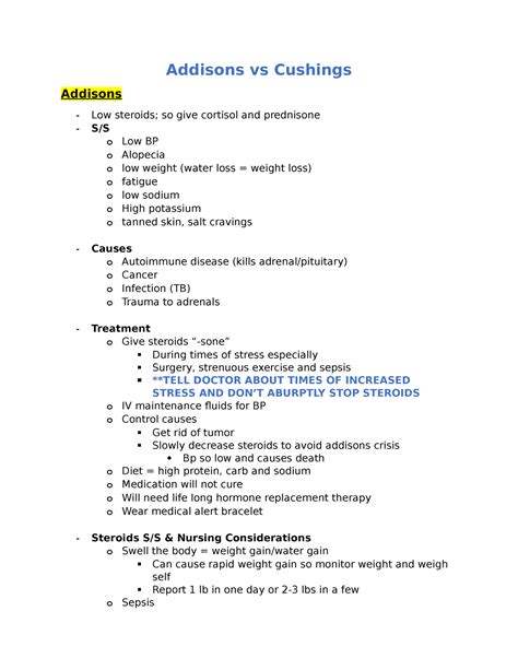 Addisons vs Cushings - notes - Addisons vs Cushings Addisons Low steroids; so give cortisol and ...