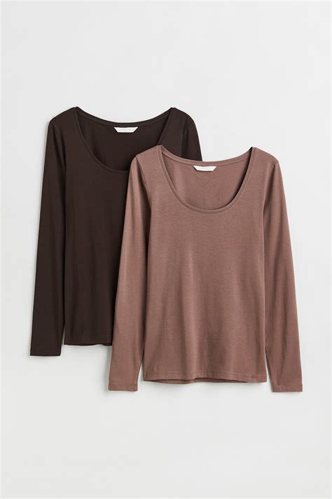 2-pack jersey tops - Black/Dark beige - Ladies | H&M IN