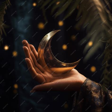 Premium AI Image | Crescent moon in the palm of hand islamic greetings ...