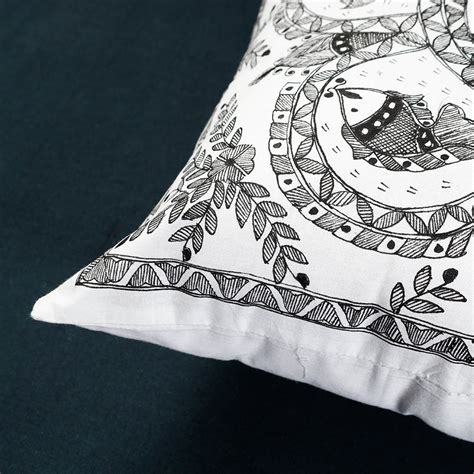 Grey Madhubani Handpainted Cotton Cushion Cover