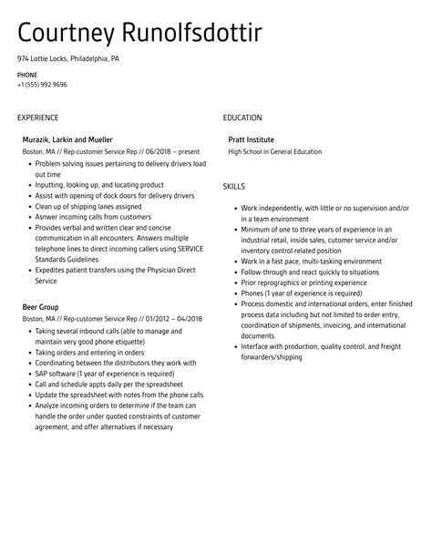 Customer Service Rep Resume Sample 的图像结果