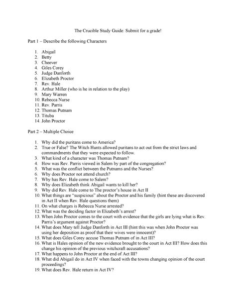 The Crucible Study Guide - Abigail 2. Betty 3. Cheever 4. Giles Corey 5 ...