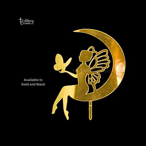 Fairy Holds Butterfly On Moon Acrylic Cake Topper (Gold & Black) MD-17