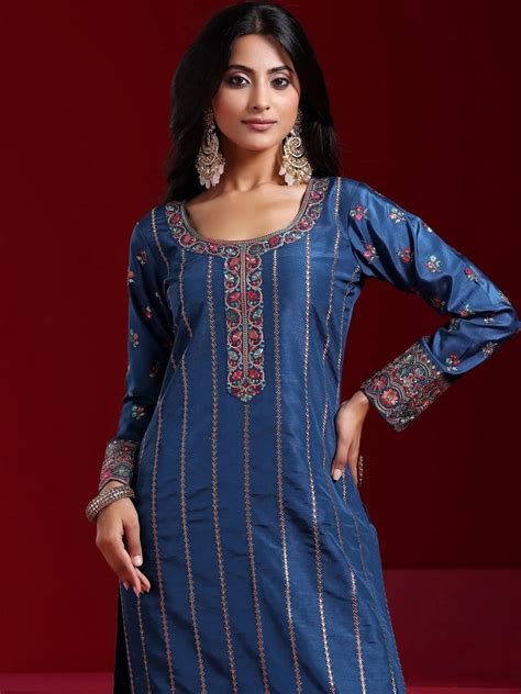 Buy Libas Art Blue Embroidered Silk Blend Straight Suit With Dupatta ...