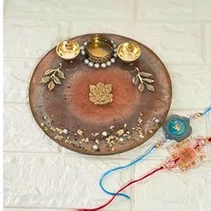 Decorative Resin Pooja Thali Set with Pearl Accents, Gold Leaves Design ...