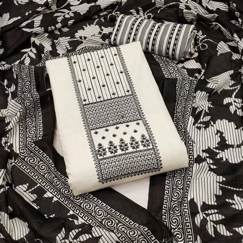 Off white Floral Embroidered Pure Cotton Dress Material