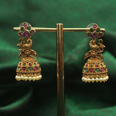 Antique Gold Kemp Peacock Flower Bridal Jhumkas – Happy Pique