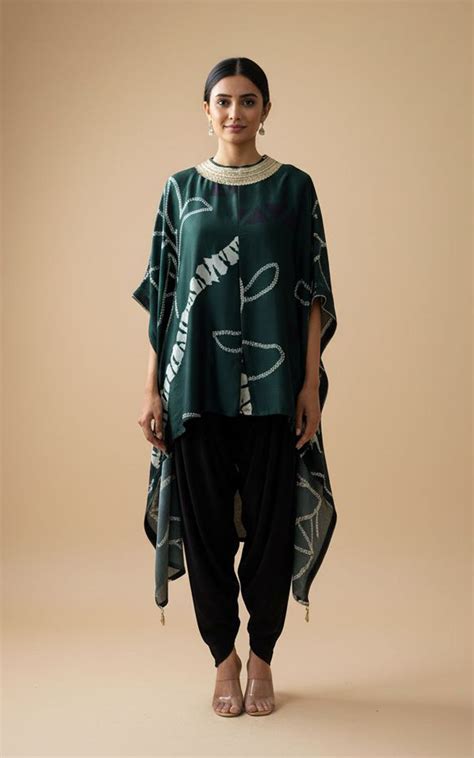 Abstract Bandhani Printed Bottle Green Kaftan Top with Dhoti Pants ...